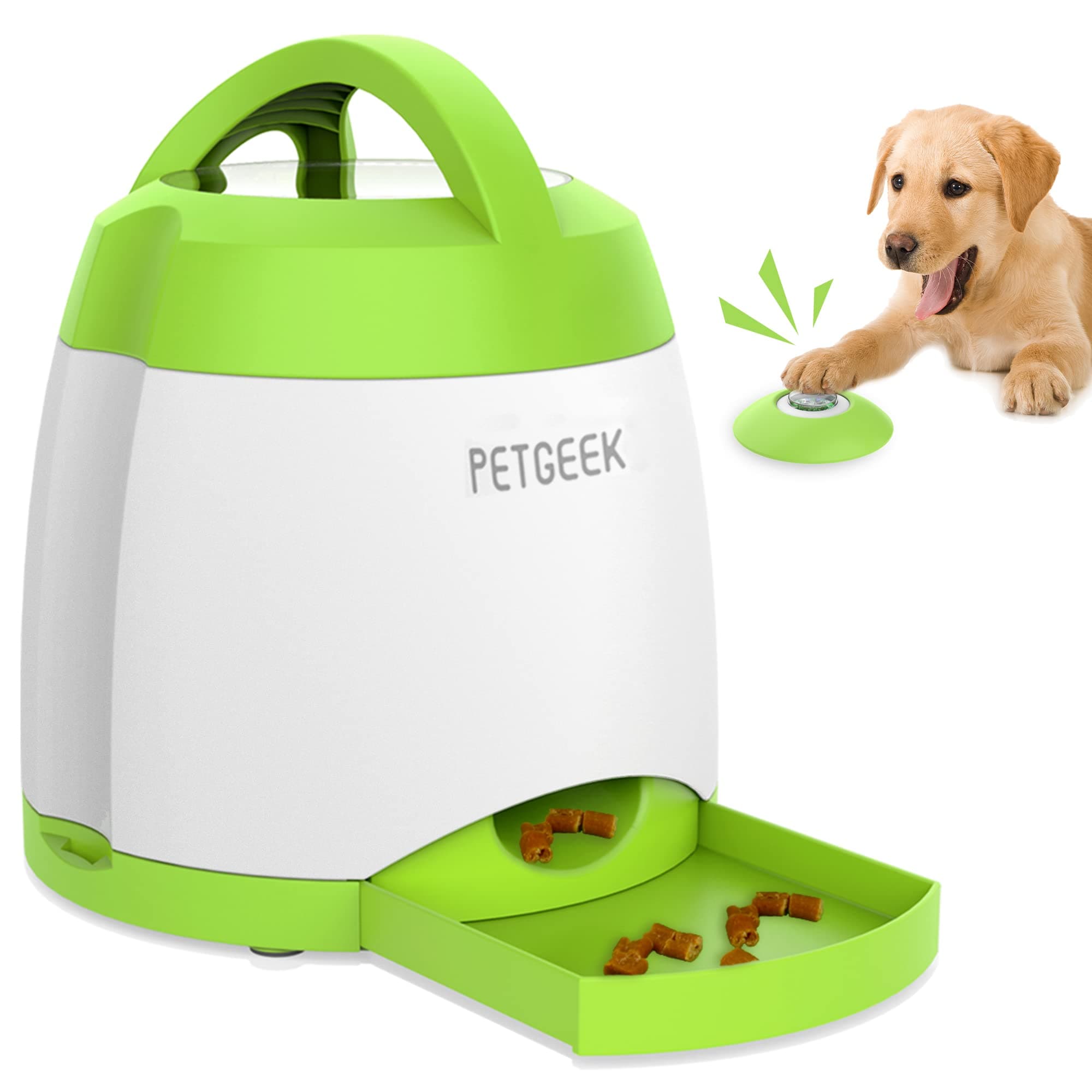 Automatic Dog Treat Dispenser with Button - Puzzle Memory Training Feeder, Pet Geek Button Treat Food Dispensing Toys Interactive, Iq Training Dog Feeder (Green)