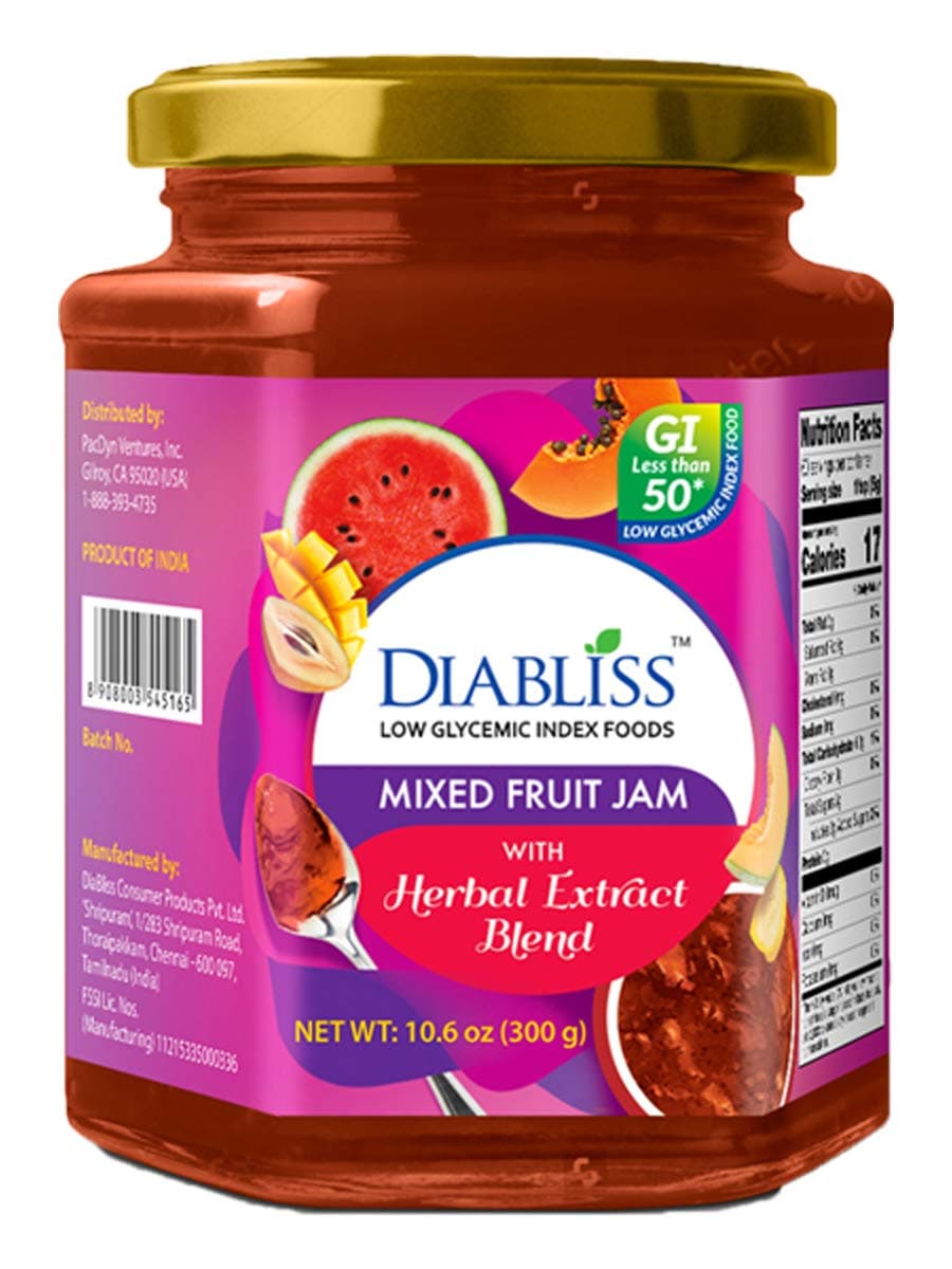 Mixed Fruit Jam - Low Glycemic Index Fruit Spread - Sweetened with Diabliss Pure Cane Sugar with Herbal Extract Blend – Regular Sugar Substitute - Stevia Free - 11.5 oz bottle