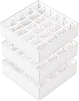 Criusia 3 Pack Sock Underwear Drawer Organizer Dividers, 64 Cell Fabric Foldable Cabinet Closet Organizers and Storage Boxes for Storing Socks, Panties, Ties (16+24+24 Cell, White)
