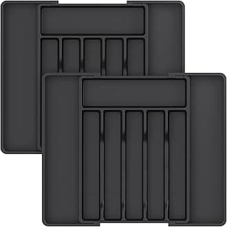 Silverware Drawer Organizer, Expandable Utensil Tray for Kitchen, Adjustable Flatware and Cutlery Holder, Compact Plastic Storage for Spoons Forks Knives, 2 Pack, Black
