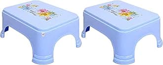 Fun Homes Pack of 2 Plastic Bathroom Stool | Small Sitting Patla for Bathroom | Floral Print Washroom Stool for Hotels | Kitchen Helper Stool | Sturdy & Anti-Slip Bathing Stool/Pata for Home | Blue