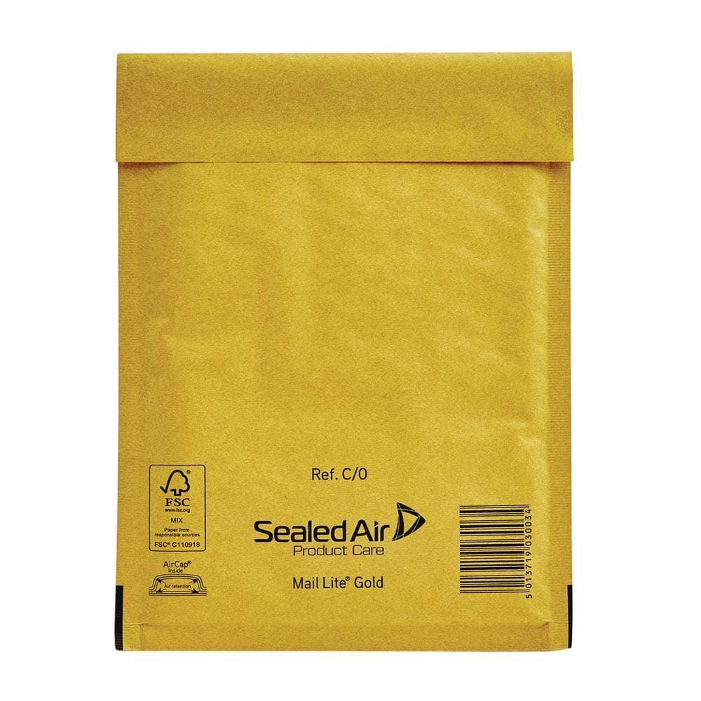 100 Small C/0 Size Mail Lite Gold Padded Envelopes Mailers - Peel + Seal Bubble Bags - 150 x 210mm / 6 x 8.25" Sealed Air Postal Packing Mailing Shipping Postage Posting Self Seal Cushioned Protective Packaging