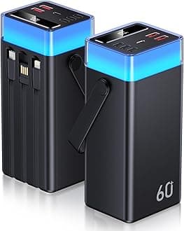 Power Bank 60000mAh 22.5W Fast-Charging Portable Charger with Built-in Cables Portable High Capacity Portable Phone Charger Power Bank for iPhone, Samsung, Galaxy, Travel Camping Outdoor​