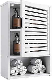 HITNET Bathroom Cabinet Over Toilet, White Medicine Cabinet, Hanging Cupboard with Single Door and Open Bottom Shelf, Wall Mounted Bamboo Storage Organizer