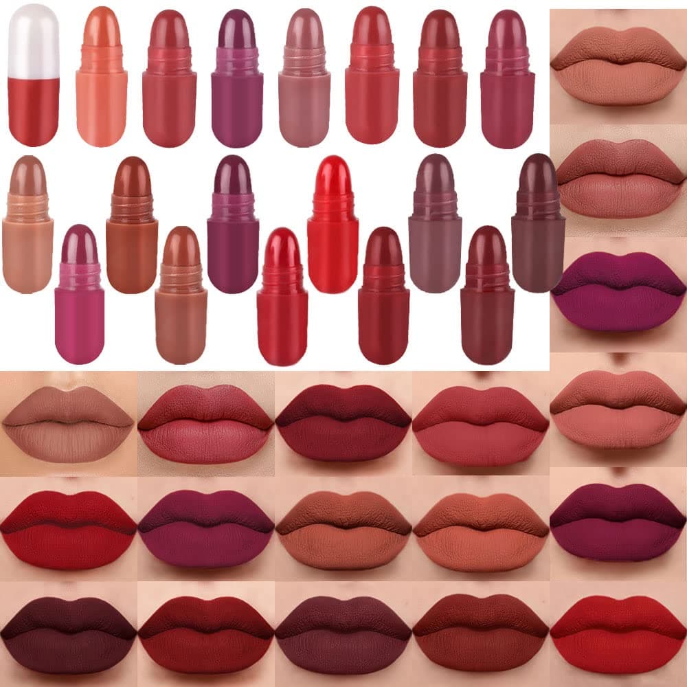 18Pcs Pill Lipstick Capsules Samples Mini Set Makeup, Long Lasting Lip Stain Lápiz Labial Rojo Women Red Cute Lip Stick Purse Set Labiales Matte Larga Duracion 24