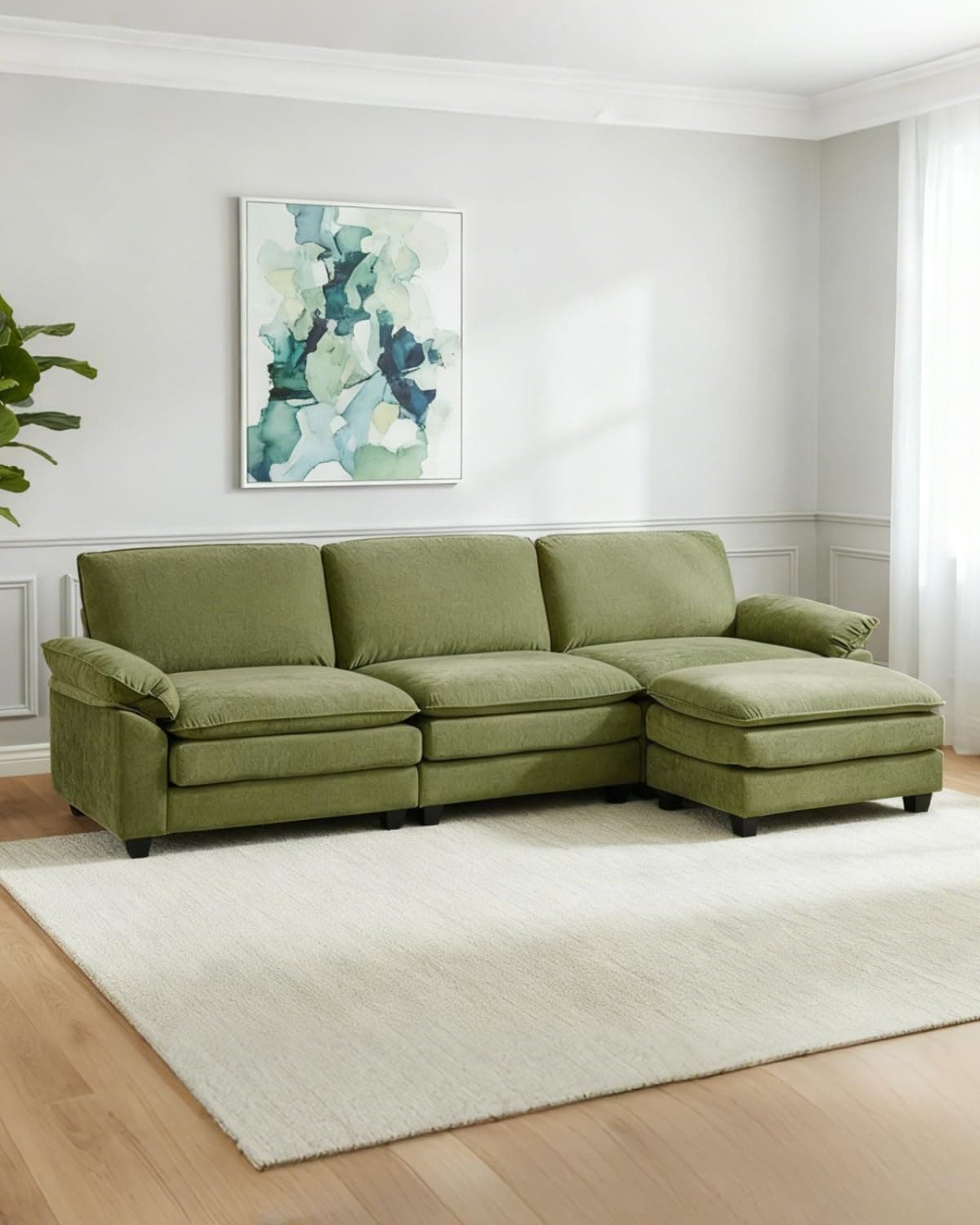 Sectional Sofa Modular Deep Seat Sofa Couch with Ottoman, Chenille Sofa Sleeper Comfy Upholstered Furniture for Living Room, Apartment, Studio, Office, (3-Seat & 1-Ottoman, Green)