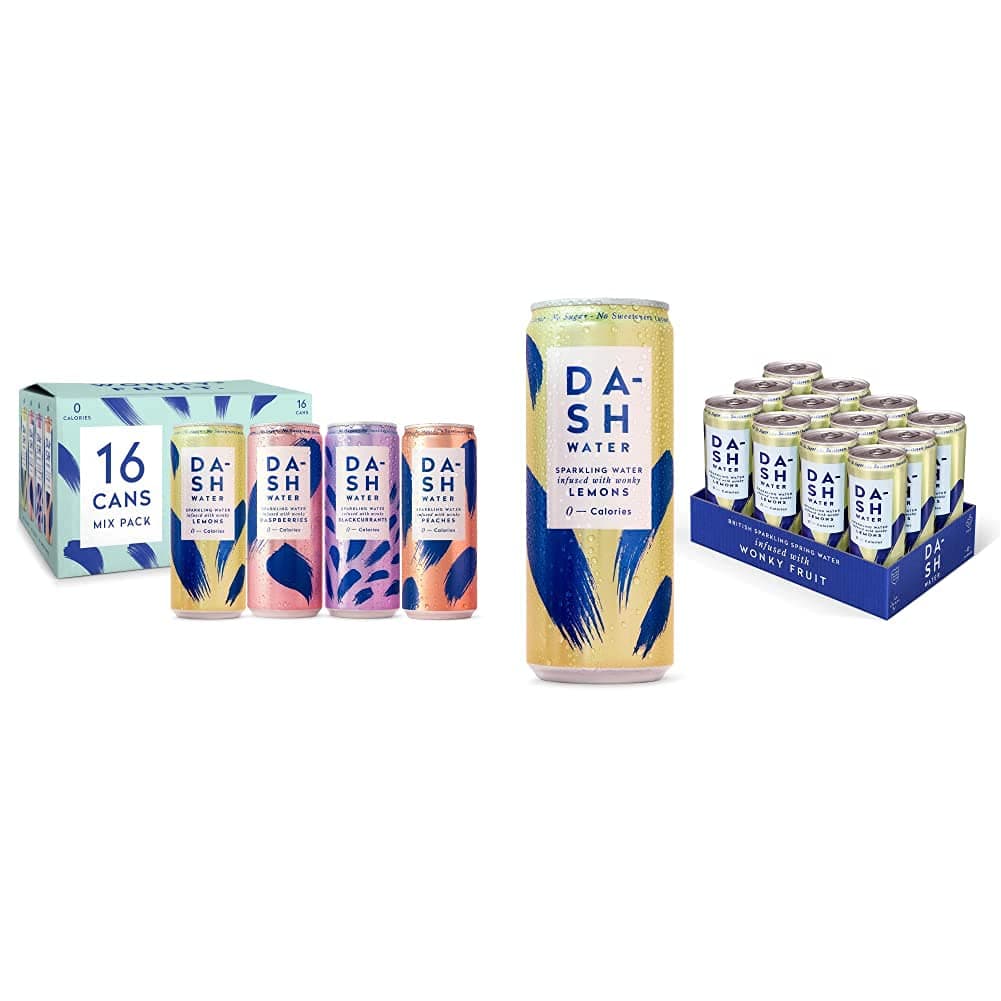 Dash Water Mixed Pack - 16 x Flavoured Sparkling Spring Water (16 x 330 ml cans) & Lemon - 12 x Lemon Flavoured Sparkling Spring Water - NO Sugar - Infused with Wonky Fruit (12 x 330ml cans)