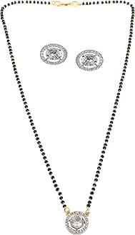 JewarHaat Indian Ad Cz Two-Tone Silver Gold-Plated CZ-Studded & Beaded Mangalsutra for Women