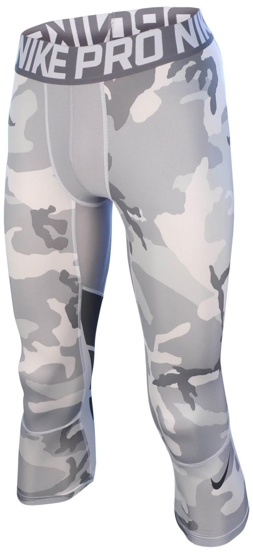 Nike Pro Combat Hypercool Compression Woodland 3/4 Training Tights (Large, Cool Grey/White Woodland Camo)
