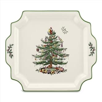 Spode Christmas Tree 12.5" Square Handled Serving Platter - Porcelain Serving Plate for Holiday Snacks, Appetizers, Buffet Displays - Microwave & Dishwasher Safe - Elegant Holiday Tableware