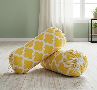 Bolster Round Cushion Covers 16 X 32 Inches For Living Room Decoration (Yellow Quatrefoil) Cotton, 200 TC