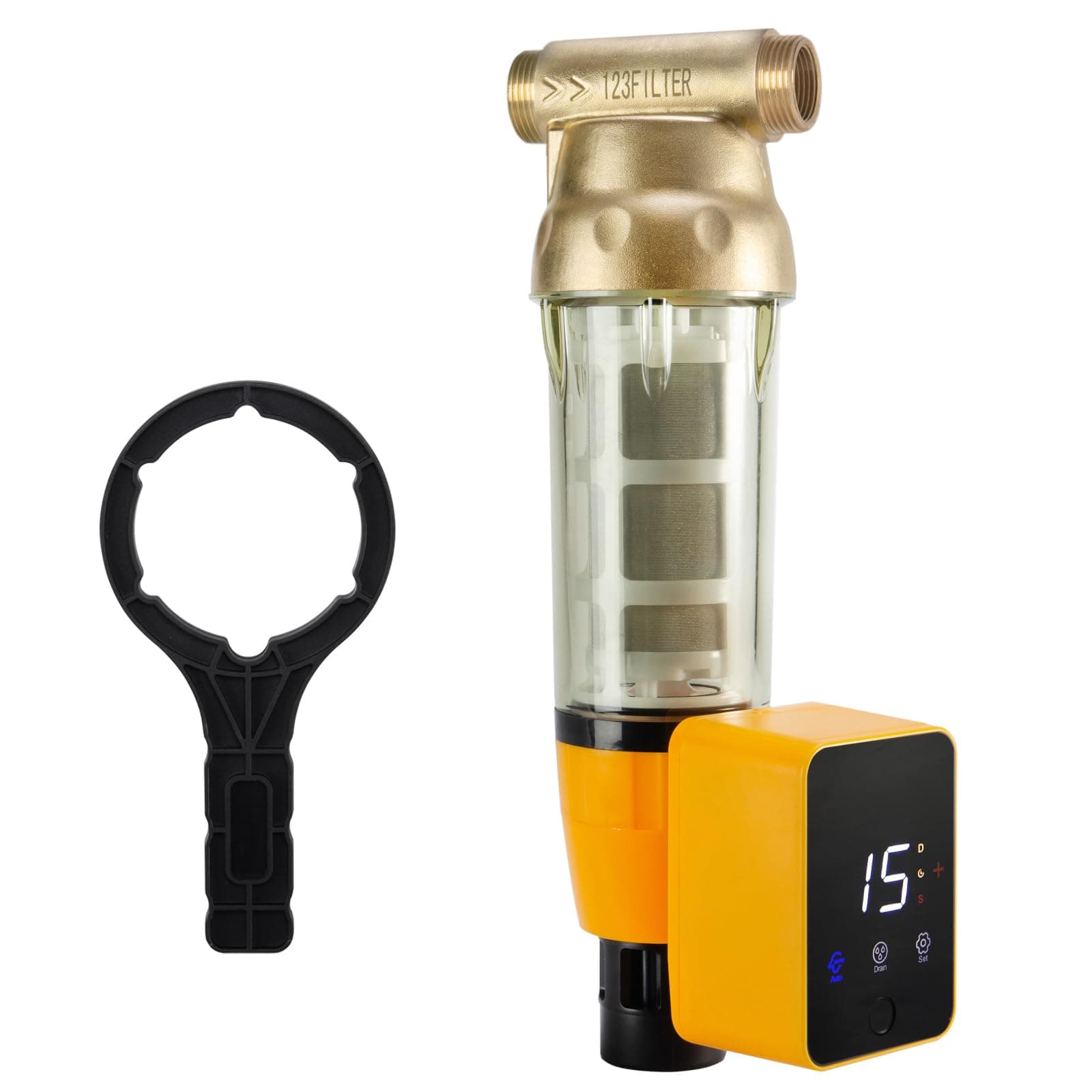 WSP50ARB Spin Down Sediment Water Filter, Reusable with Touch-Screen Auto Flushing Module and Built-in Housing Scraper, Brass Top Clear Housing, 50 Micron
