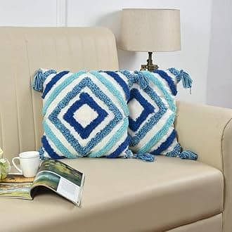 Premium Decorative Throw Cushion Pillow Cover Boho Home Decor - Living Room Bedroom Couch Sofa Cushion Covers 16 inch x 16 inch (1, Blue Squares)