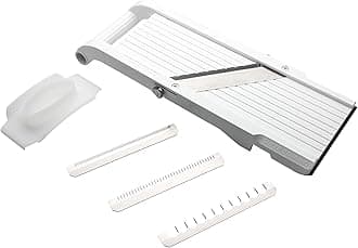 Japanese Mandolin Vegetable Slicer 9.5cm, White: 3 Interchangeable Stainless Steel Blades & Safety Guard, Handheld Mandolin Slicer for Shredding, Slicing & Julienning Fruit & Veg, BN-95W