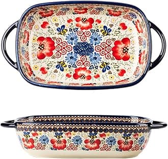 Vintage Flowers Style Ceramic Bakeware Casserole Dish Baking Pan Lasagna Pans Baking Dish with Handles for Oven/Cooking/Kitchen-1 PCS-Red Flowers-22 OZ