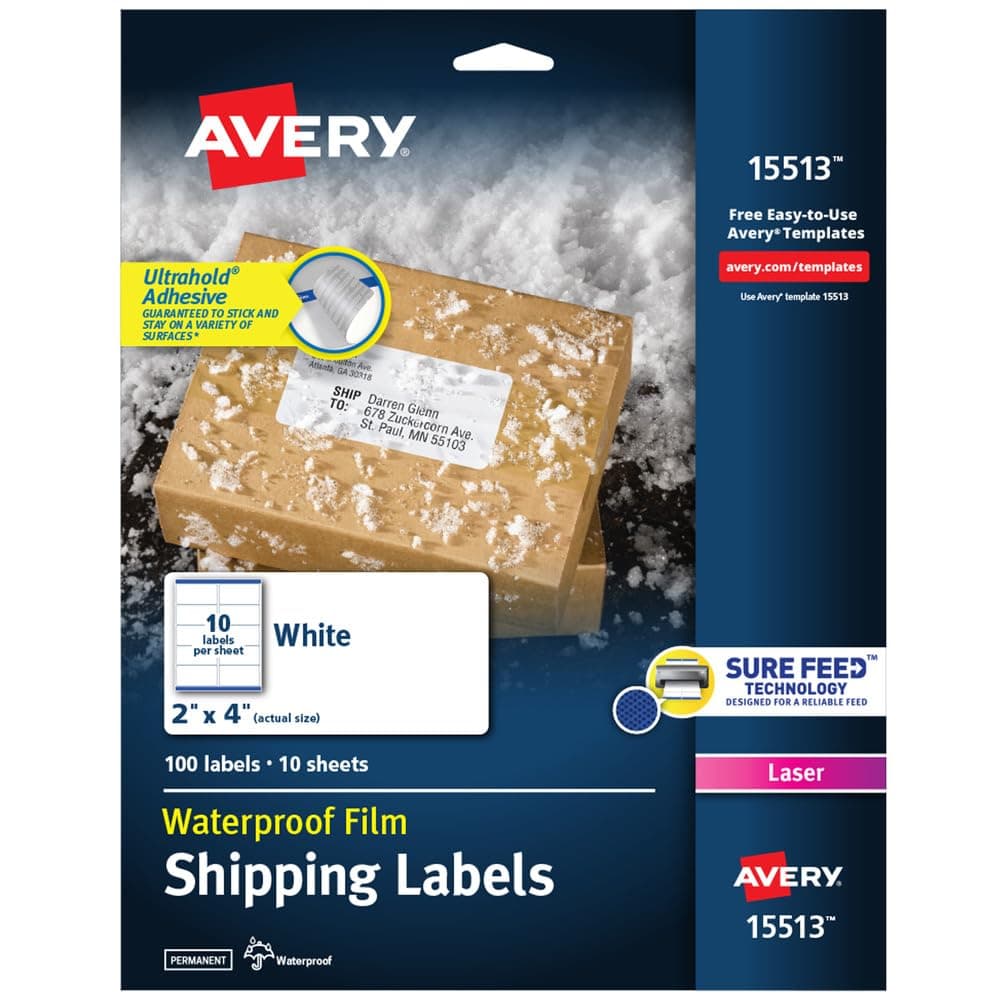 Weatherproof Mailing Labels With Trueblock Technology For Laser Printers 2" X 4", Pack Of 100 (15513), White