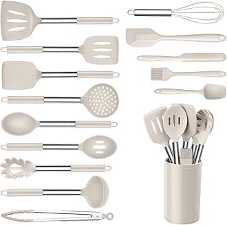 Silicone Cooking Utensils Set of 15, Kitchen Utensils Set with Holder for Nonstick Cookware, 446°F Heat Resistant Stainless Steel Handle - Khaki