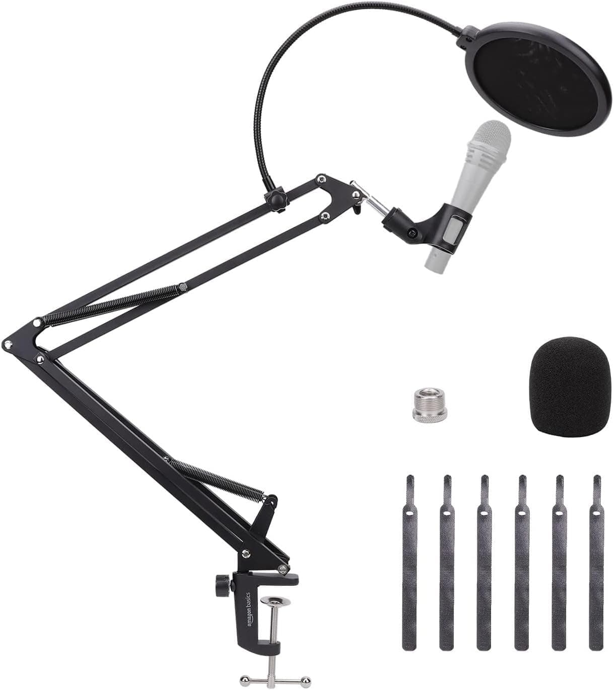 Amazon Basics Adjustable Microphone Stand with Pop Filter, Windscreen for Noise Reduction, Compatible with Blue Yeti, Snowball, Shure, Audio-Technica, 14 inch