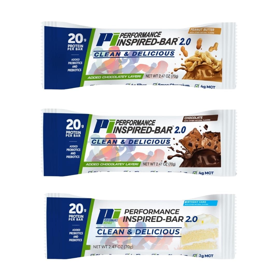 - Performance Inspired Nutrition Protein Bar 2.0 Mixed Box – 12 Bars (4 Chocolate, 4 Peanut Butter, 4 Birthday Cake) – 20G Protein, 6G Fiber, 4G MCTs, 1 Billion CFU Probiotics – Gluten-Free