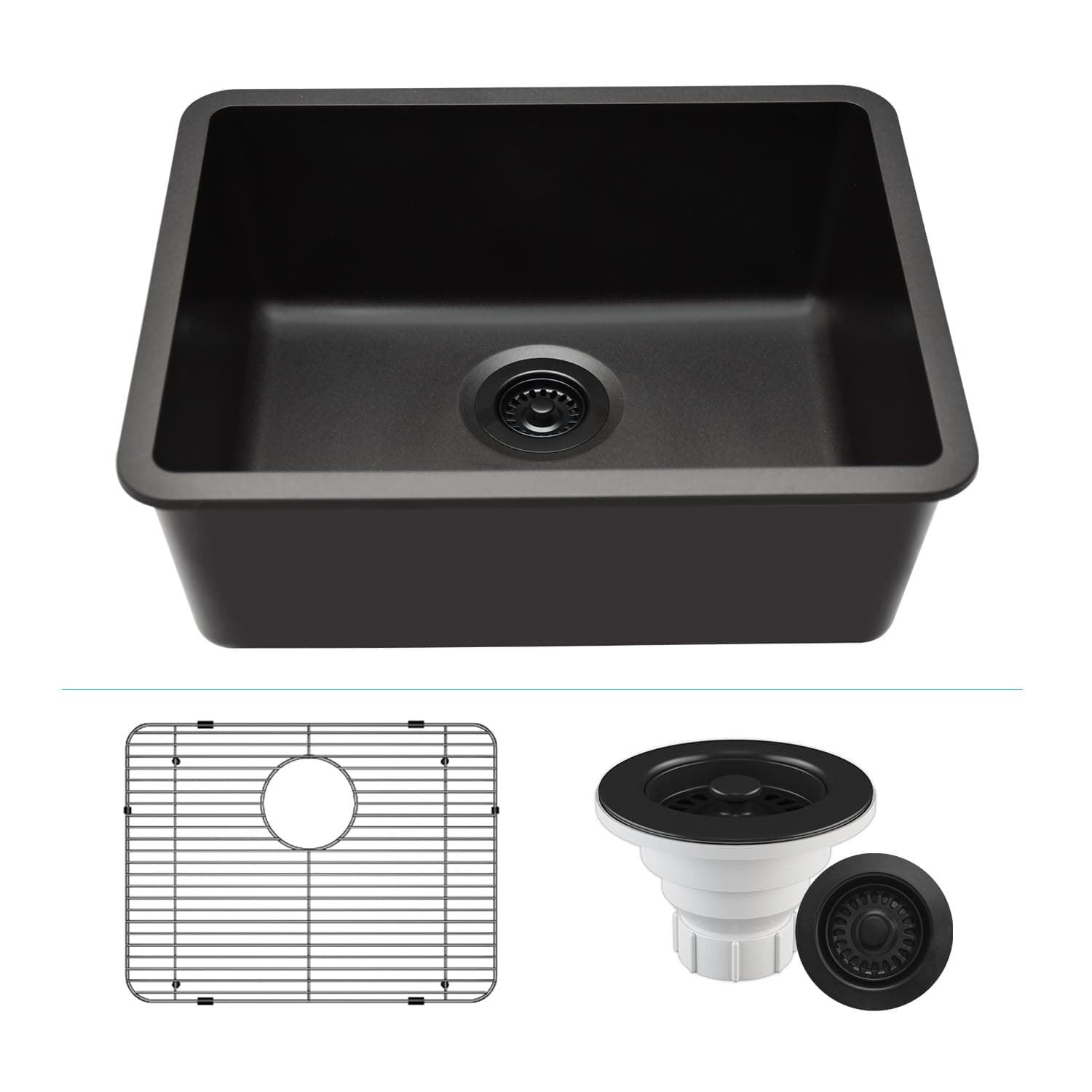 23" x 18" Quartz Kitchen Sink, Single Bowl Kitchen Sinks, Drop-in Undemount Sink, Granite Composite Galaxy Black Kitchen Sink, Includes Grid, Strainer, Flange LP-2318-K