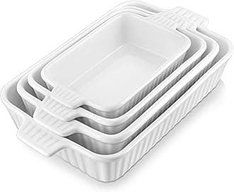 Casserole Dishes for Oven, Porcelain Baking Dishes, Ceramic Bakeware Sets of 4, Rectangular Lasagna Pans Deep with Handles for Baking Cake Kitchen, White (9.4"/11.1"/12.2"/14.7"), Series