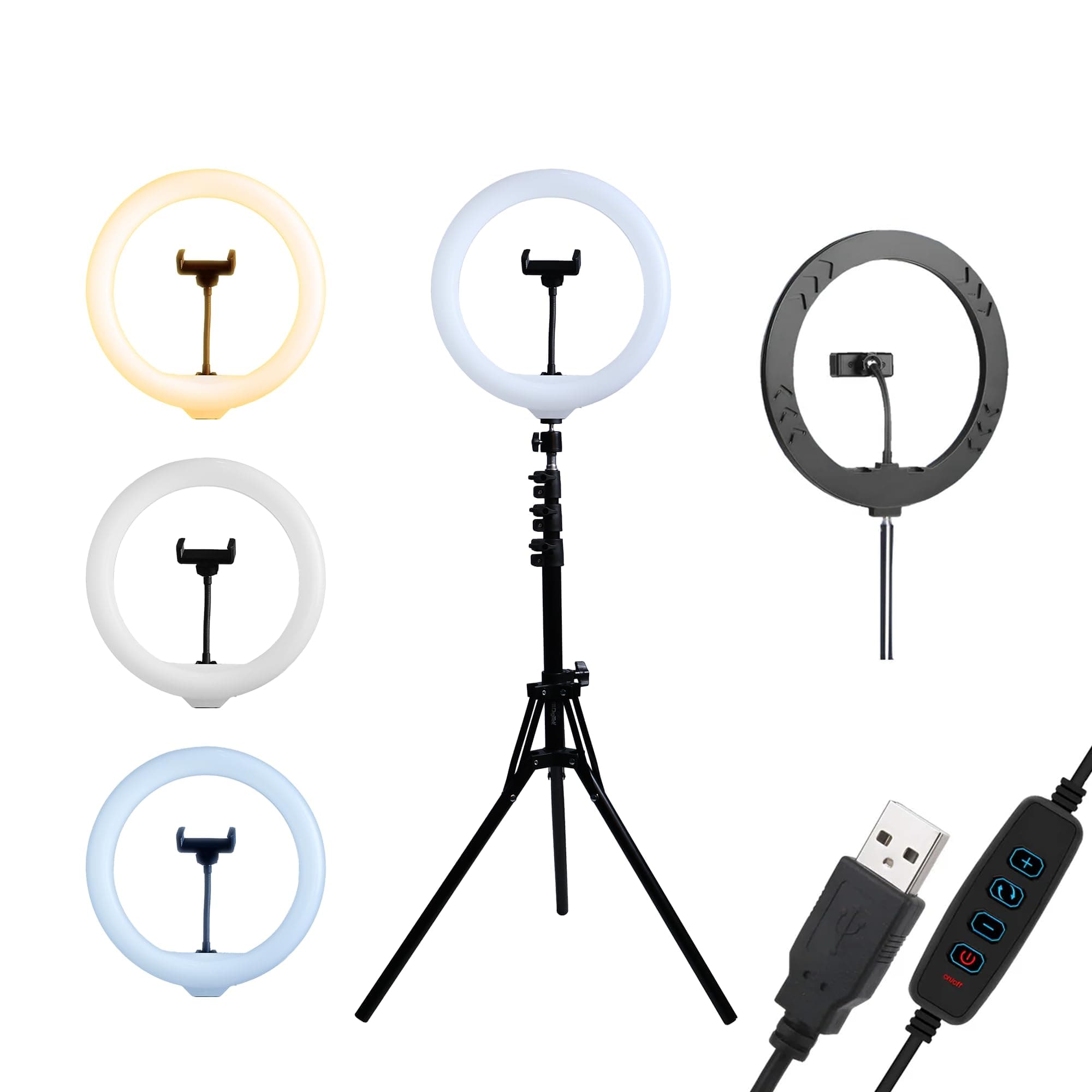 (DRL-14C) 14 Inch LED Ring Light with 5ft Stand & Smartphone Mount - USB Powered, Color Switch Mode, Brightness Control, Dual Temperature - for Photo & Video Shoots, Makeup, Vlogging!