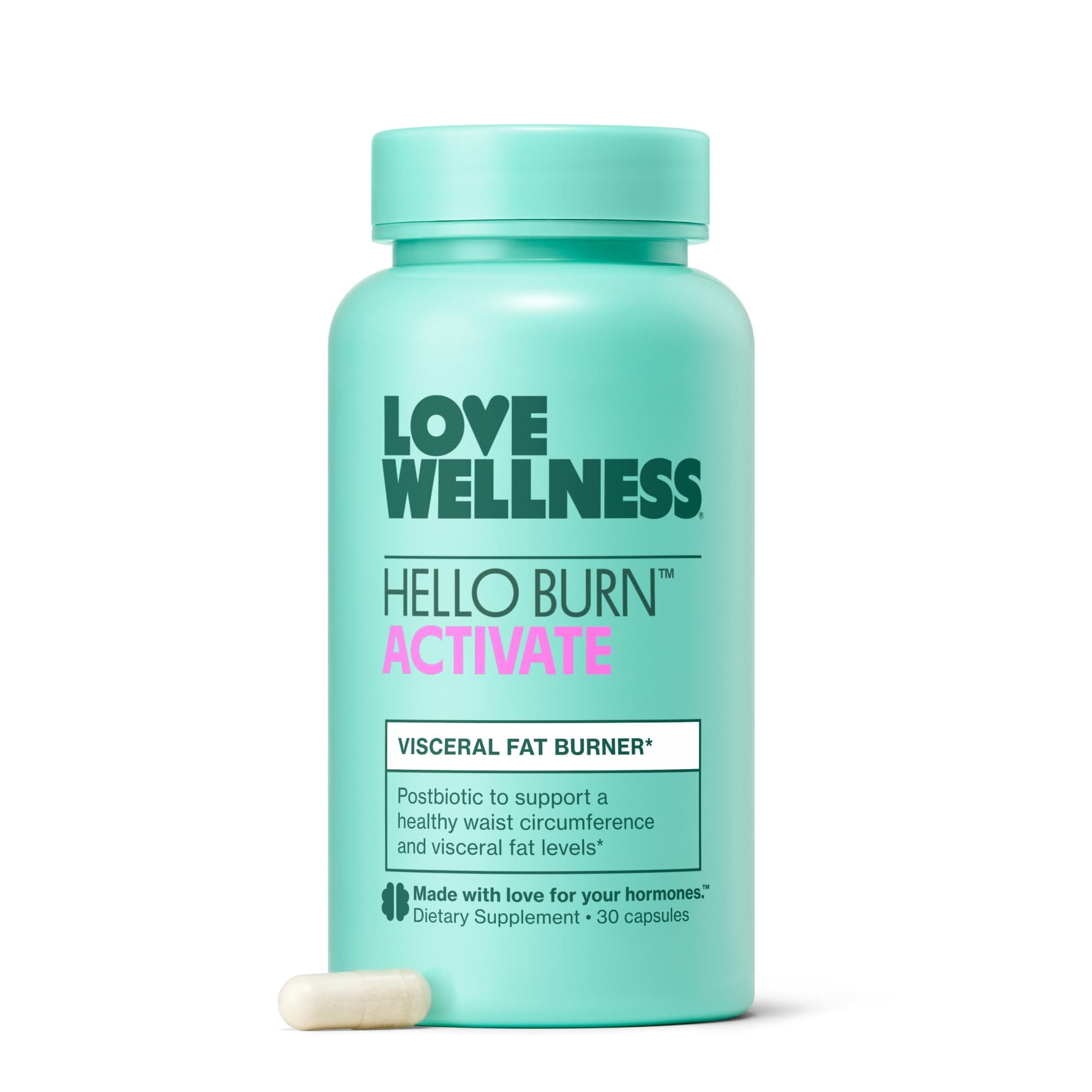 Love Wellness Hello Burn Activate | Support Visceral Fat Burn with HT BPL1 Postbiotic | Supports Healthy Waist Circumference, Longevity and Metabolic Wellness | 30 Count