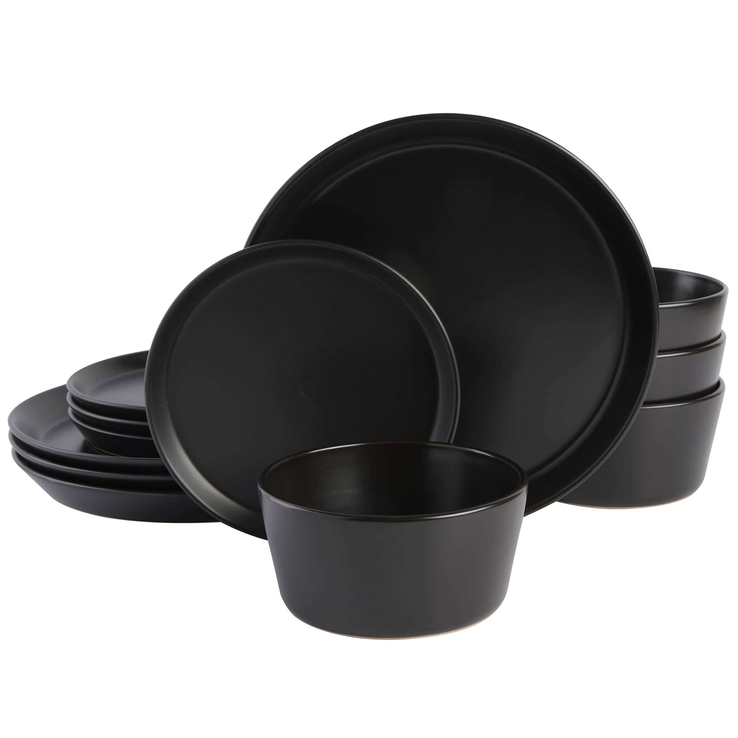 Sofia Coupe 12-Piece Stoneware Dinnerware Set, Service for 4 – Black Plates and Bowls