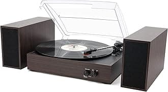 LP&No.1 Wireless Turntable with Stereo Bookshelf Speakers, 3 Speed Vintage Belt-Drive Turntable with Wireless Playback & Auto-Stop & Wireless Input, Brown Wood, LPSC-033