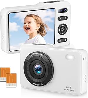 Digital Camera, 64MP Dual Lens Autofocus Point and Shoot Digital Camera, 16x Zoom Vlogging Camera with 2 Batteries, Portable Rechargeable Small Camera for Kids Teens (White)