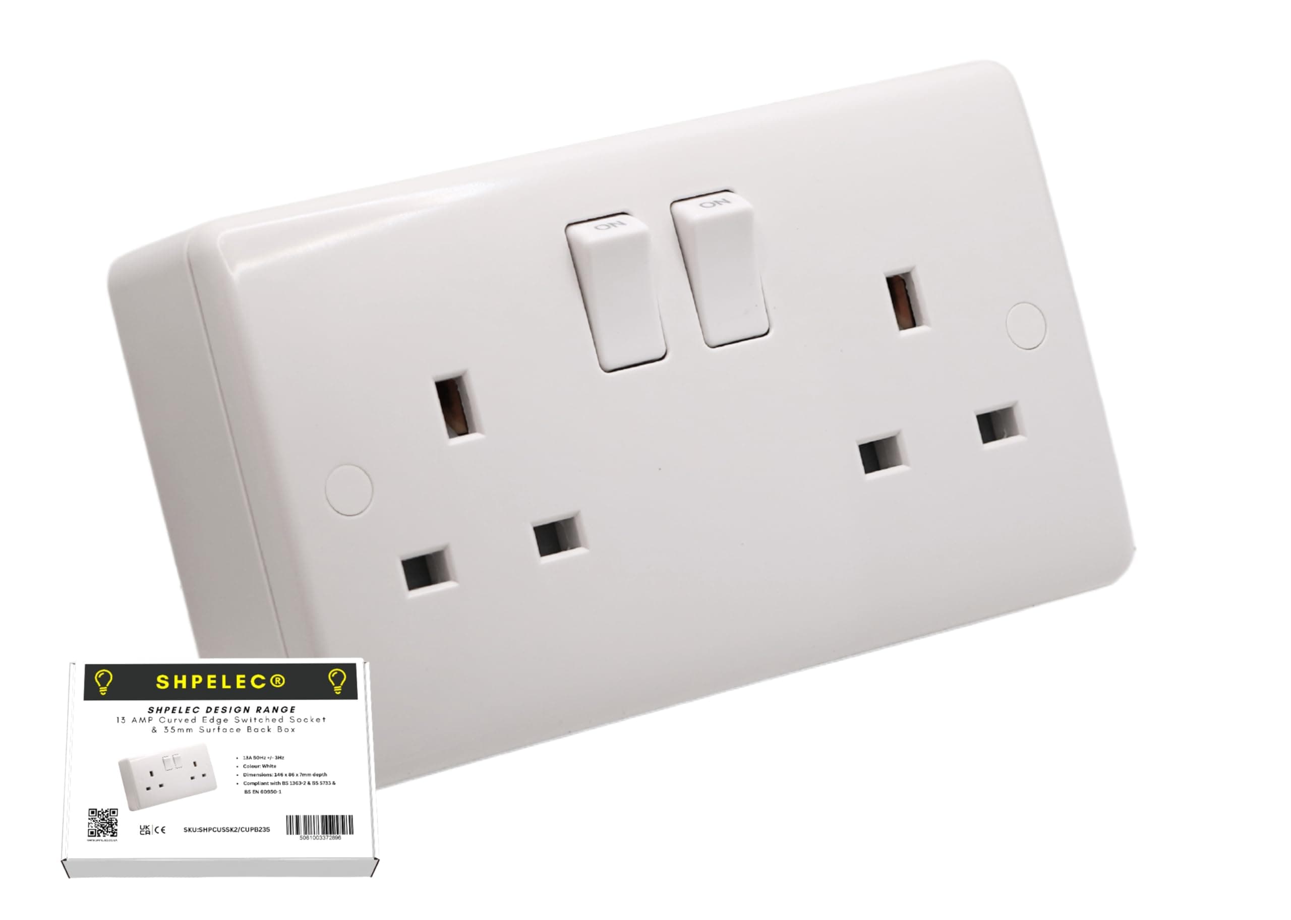 SHPELEC® Premium Curved Edge White Electrical Sockets Range - Convenient and Versatile Power Solution (2 Gang Socket + Back Box (3 Pack))