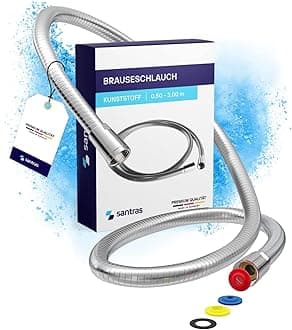 SANTRAS® Shower Hose Premium Chrome 1.00 m Made in Germany with Water Saver - Particularly Flexible and Twist-proof with Flow Limiter - Shower Hose in Stainless Steel Look Made of Easy Clean Material