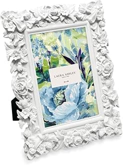 Laura Ashley 5x7 White Floral Textured Hand-Crafted Resin Picture Frame with Easel, for Tabletop & Wall Display, Decorative Floral Design Home D cor, Photo Gallery, Art & More (5x7, White)