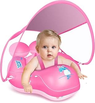 Upgraded No Flip Over Baby Pool Float, Baby Float with Canopy UPF50+, Inflatable with Double Air Chambers,Five Safety Protection Anti-flip Safe, Baby Swimming Float with 2 Tail for 6-36 Months