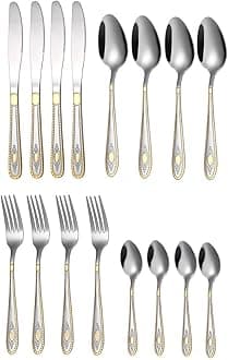 ANH MART Mirror Finish Silver Gold Plated Stainless Steel Flatware Set Copper Silverware Set Rose Gold Spoon Color Cutlery Set [Dinner Fork-Tea Spoon-Salad Spoon-Knife] Set of (Silver Gold, 16)