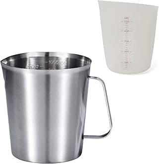 KSENDALO 32Ounces Stainless Measuring Cup (1.0 Liter) with Silicone 16Oz Measuring Cup Set, 304 Stainless Measuring Cup Stainless Pitcher with Marking with Handle (1000ML&500ML)