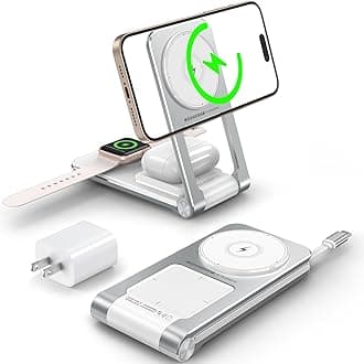 GiieeGii 3 in 1 Magnetic Wireless Charger,Foldable Charging Station Built-in Retractable Cable,15W Portable Wireless Charging Stand for iPhone 16 15 14 13 12,Apple Watch,AirPods (20W Adapter) (White)