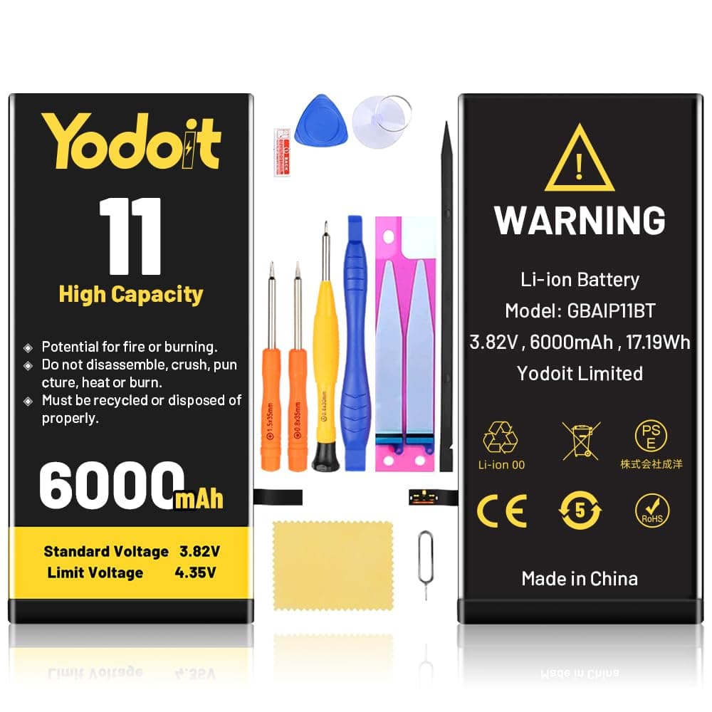 Yodoit for iPhone 11 Battery Replacement 6000mAh Battery High Capacity 0 Cycle Replacement for Model A2111, A2221, A2223 with Repair Tool Kit & Adhesive