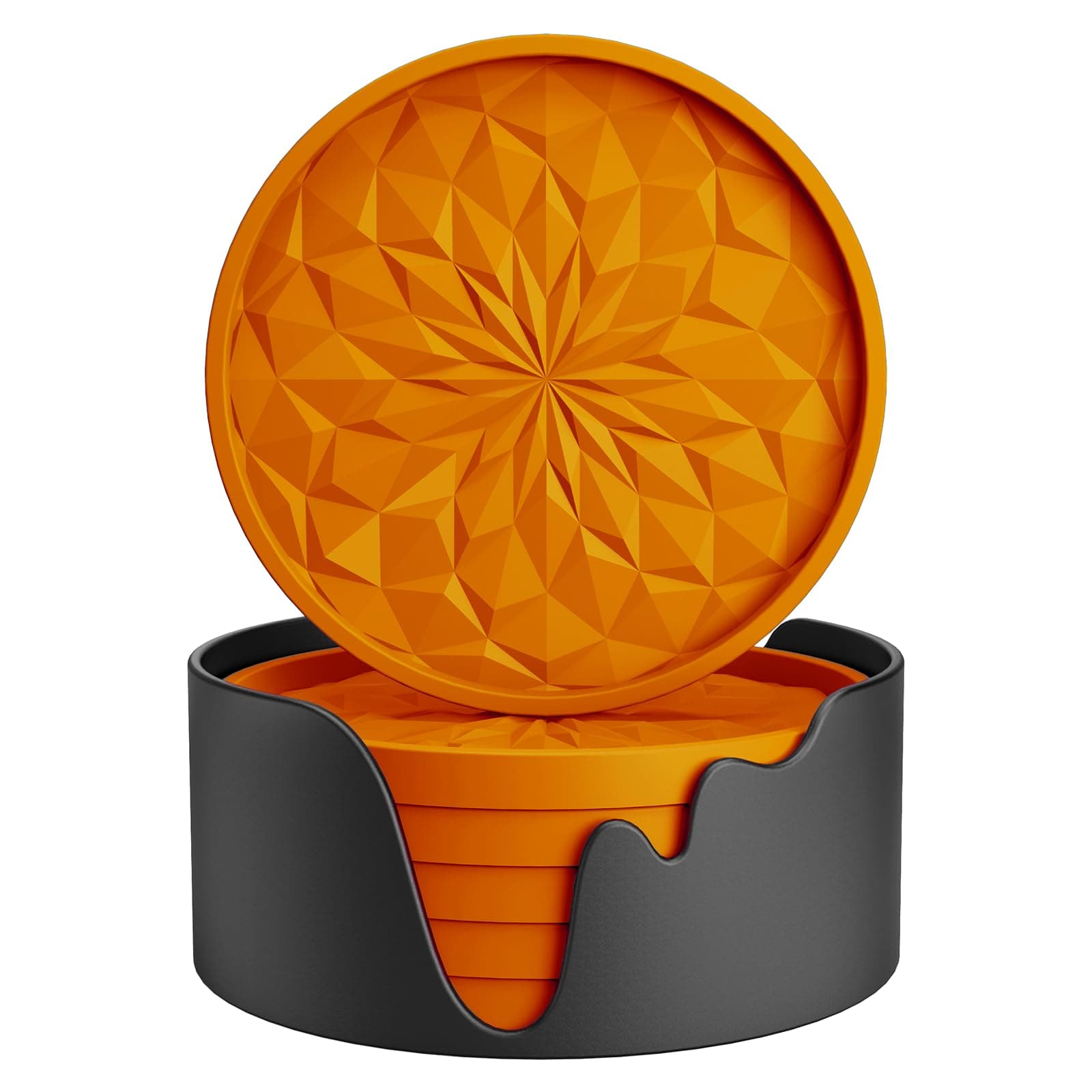 ME.FAN Silicone Coasters with Holder,[6 Pack] Drinking Coasters - Cup Mat for Hot or Cold Drinks, Thickened, Non-Slip, Non-stick,Deep Tray Orange