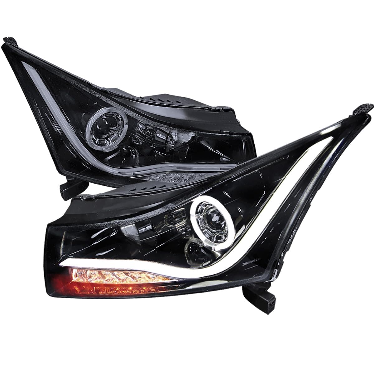 SPEC-D TUNING LED Light Strip Halo Projector Headlights Black Compatible with 2011-2015 Chevrolet Cruze, 2016 Chevrolet Cruze Limited Left + Right Pair Headlamps Assembly
