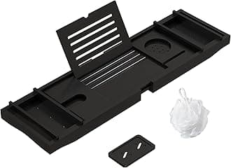 Bamboo Bathtub Tray for Luxury Bathroom, Expandable Premium Bath Tray w/Soap Towel Book Holder, Adjustable Bath Accessories for Tub,Extendable Tub Tray with Wine Glass Cup Organizer 29.5"-43.3" Black