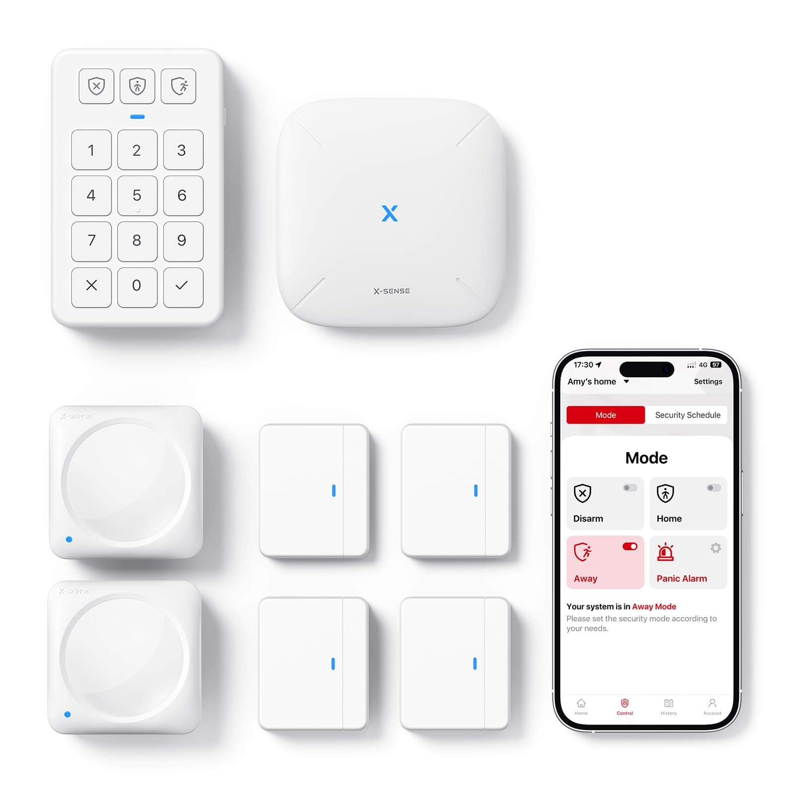 X-Sense Smart Home Security System, Wireless Home Alarm System 8-Piece Kit, Supports Mobile App Alerts, Compatible with Alexa, Includes 1 Base Station, 4 Door Sensors, 2 Motion Sensors, 1 Keypad, AS08