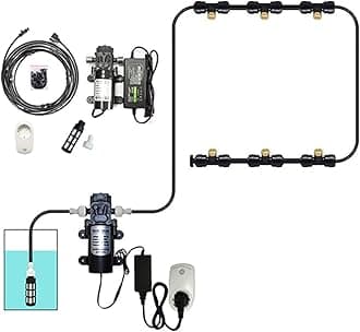 Outdoor Misting Cooling System Kit with 12v Pump and Filter, Misters for Patio with Brass Sprayers, Garden Cooling System DIY Micro Drip Irrigation System for Patio, Garden, Lawn, Home Irrigation