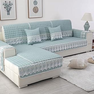 vctops Farmhouse Solid Color Sofa Slipcover Non Slip L Shape Sofa Cover Lace Trim Plaid Quilted Sectional Couch Cover Furniture Protector Cover for Pets Kids Children Dog Cat (Light Green,28"x70")
