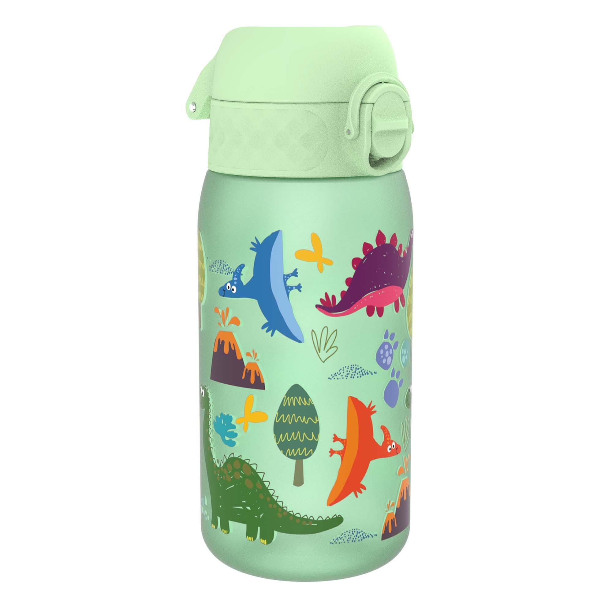 Ion8 Small Water Bottle, Leak Proof, Easy to Open, Secure Lock, Dishwasher Safe, Flip Cover, Carry Handle, Easy Clean, Durable, Water Bottle, Raised Print, Green, Dinosaurs