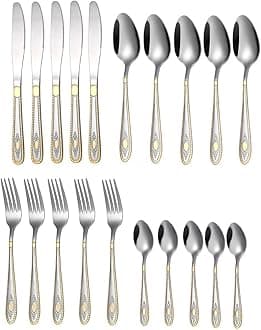 Mirror Finish Silver Gold Plated Stainless Steel Flatware Set Copper Silverware Set Rose Gold Spoon Color Cutlery Set [Dinner Fork-Tea Spoon-Salad Spoon-Knife] Set of (Silver Gold, 20)