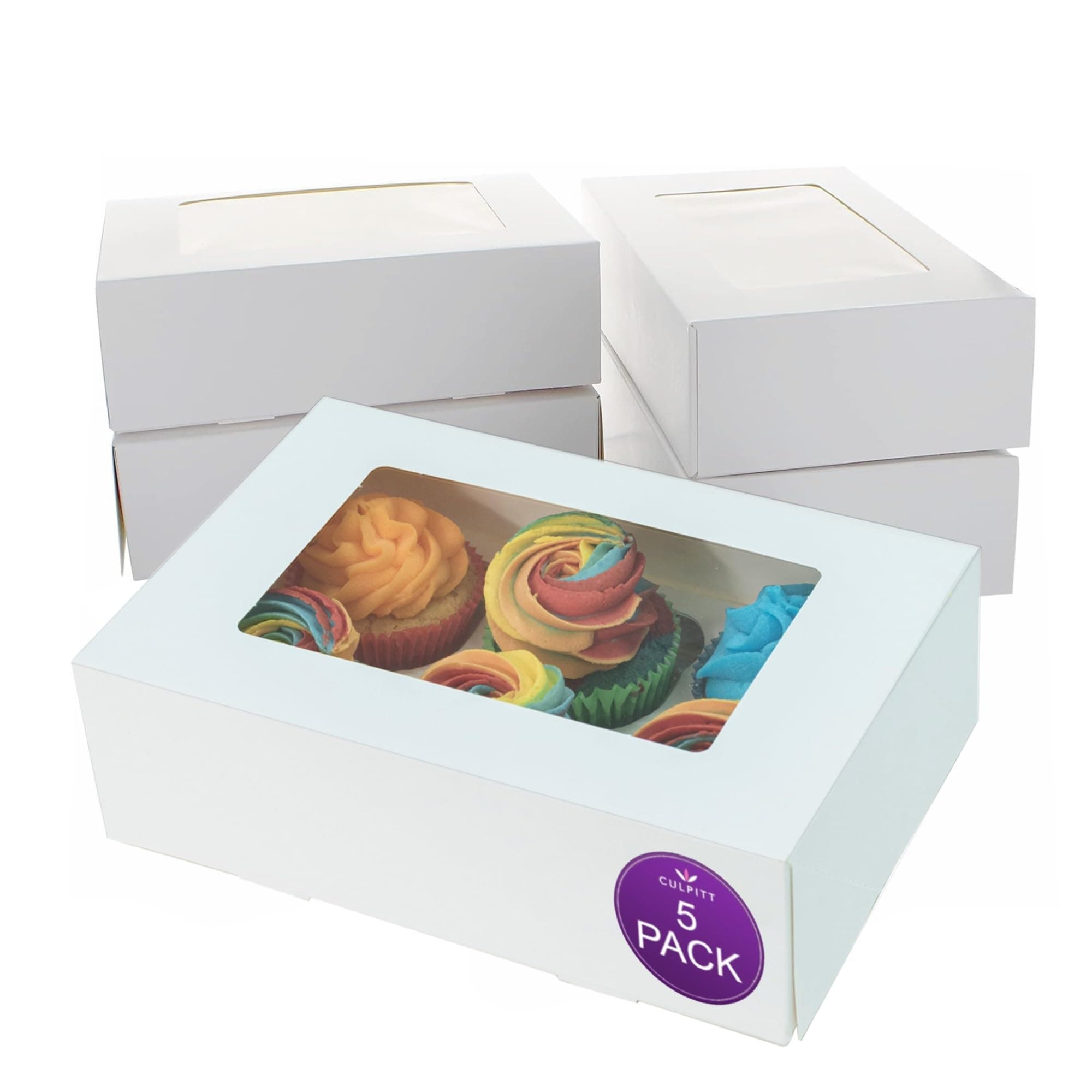 Culpitt 6 Hole Cupcake Boxes, 5 Pack, White Cupcake Boxes For Carrying And Displaying Tasty Muffins, Fairy Cakes, And Treats