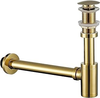 Bathroom Basin Sink Stopper P-Trap Complete Set, Adjustable Height 1-1/4 Bottle Trap Basin Sink Waste Drain Set NO Overflow, General US/CA Standard, Brushed Gold