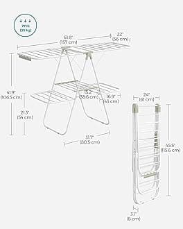 SONGMICS Clothes Drying Rack, Foldable 2-Level Laundry Drying Rack, Free-Standing Laundry Airer, with Height-Adjustable Wings, 33 Drying Rails, Sock Clips, White and Green ULLR053C01V1