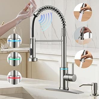Touch On Kitchen Faucet, 3 Modes Pull Down Sprayer, Touch On Sensor Activated, LED Temperature Control, 360-Degree Rotation, 1 or 3 Hole Deck Plate. 10-Year Warranty. (Brushed Nickel,KW-66SN)